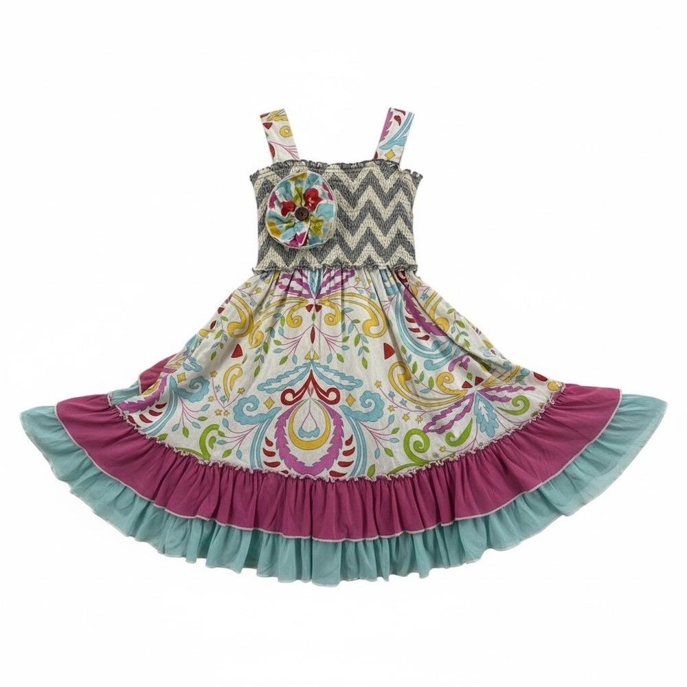 Mustard Pie Girls Size 7 Mixed Print Smocked Chevron Floral Ruffle Dress